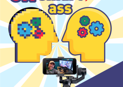 Two cartoon heads and Patrick on a camera screen