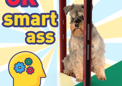 [OK Smart-ass logo with a dog beside a door]